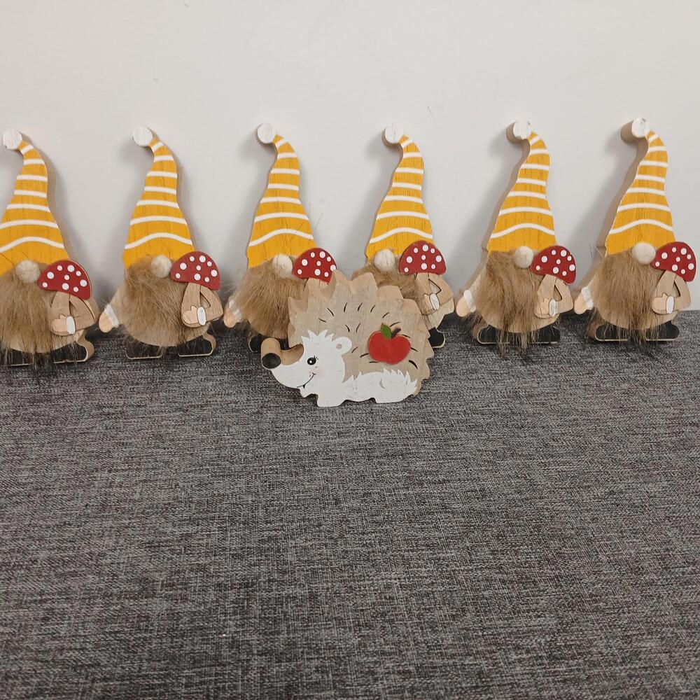Korhani Wooden Gnome Figurines Set 6 Bearded Gnomes + Hedgehog Decor
